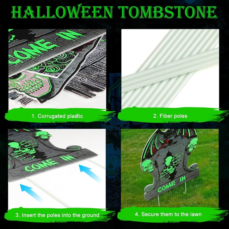 Chaohua Halloween Decorations 6 Pack Outdoor Glowing Tombstones, Halloween Tombstone Decoration with 10 LED Light Beads, Horror Yard Sign, Suitable for Cemetery Garden Lawn Party Decoration - Image 3